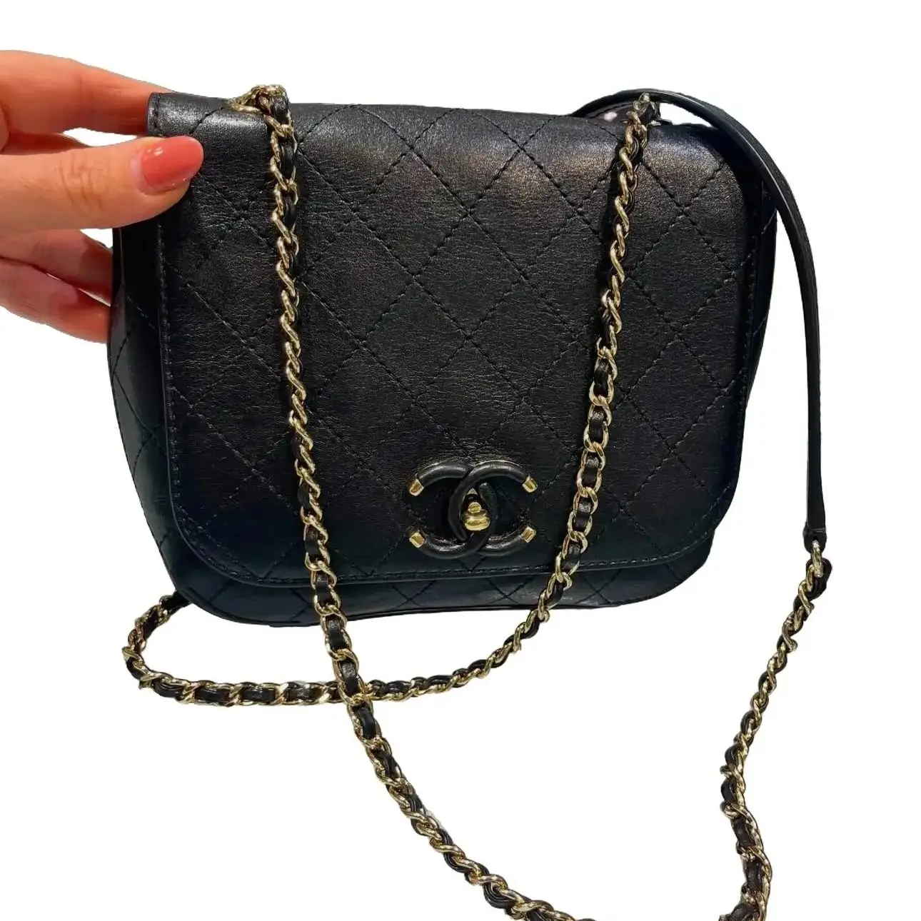 Pre-owned CHANEL calfskin leather Crossbody Bags Calfskin Diamond Quilt Stitched Small Covered CC Flap Bag Black Crossbody Bag with Gold Tone Hardware