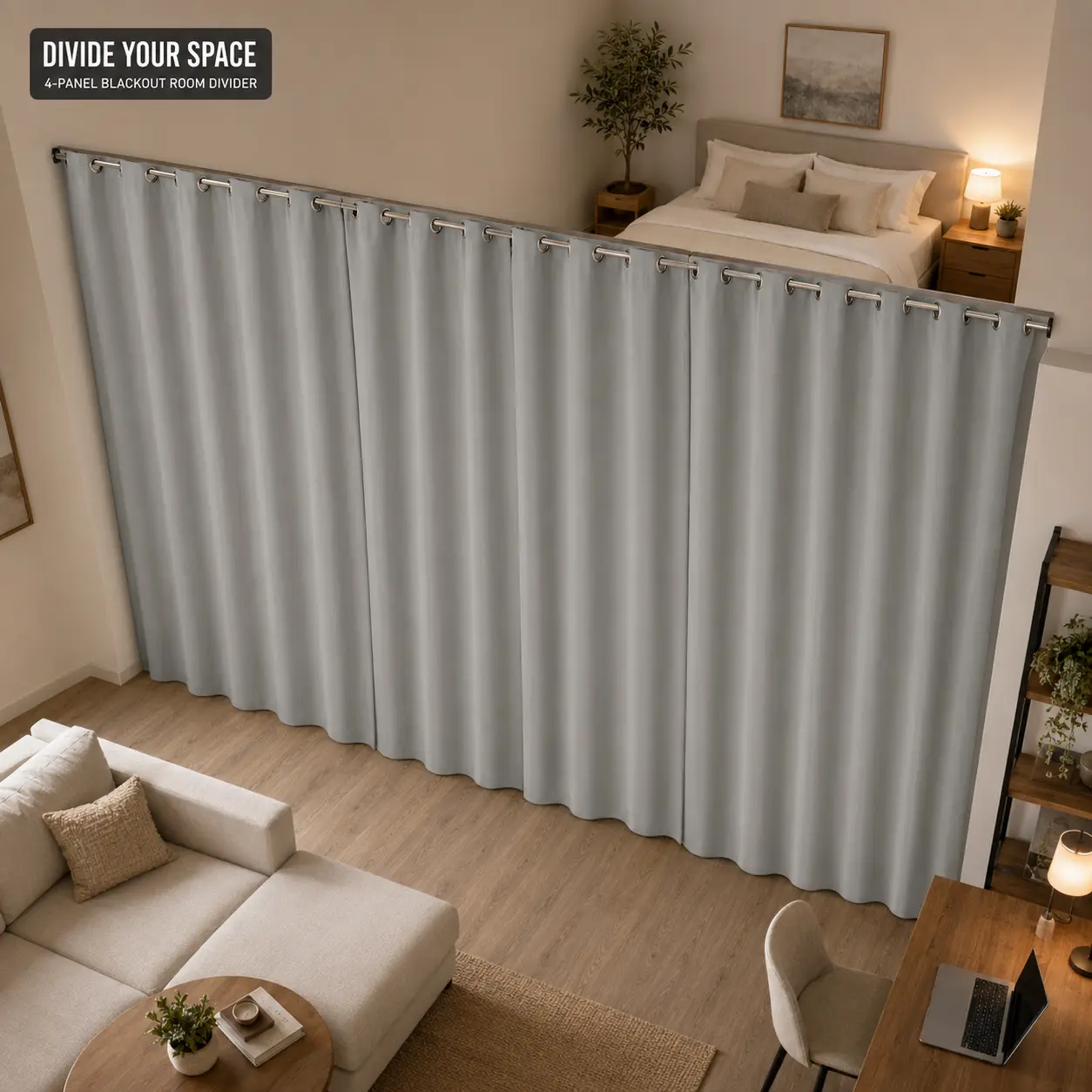 4-Panel 100% Blackout Room Divider Curtains, Lightweight Grommet Top Privacy Partition Set for Studio Apartment, Bedroom, Shared Room, Doorway, Closet and Storage Area, Multiple Colors and Sizes