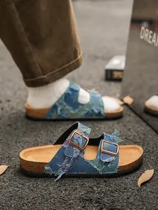 Make old fur edge double belt cork drag vintage denim outfit wearing slippers