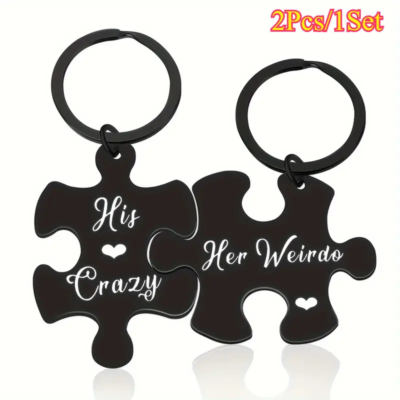 Couple's 2-Pcs Durable Stainless Steel Custom Shaped Puzzle Keychains - Letter Match Pendants, Romantic Casual Accessory, Keychain for Car Keys, Initial Bag Charm, Customized Couple Gifts for Adults