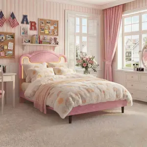 LED Light Upholstered Bed Frame, Twin/Full Size Princess Platform Bed with Fabric Headboard and Wood Slats, No Box Spring Required,With Drawer/No Drawer