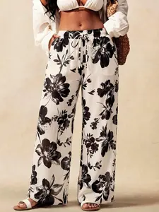 Women's Wide Leg Palazzo Pants Floral Pattern Print Elastic Waistband with Adjustable Tie and Pockets Casual Summer Travel Outfit