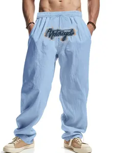 Men's Vintage Pattern Print Loose Long Pants, Linen Wide Leg Design, Casual Daily Wear, with Side Pockets, Comfortable and Stylish, Loose Casual Bottoms