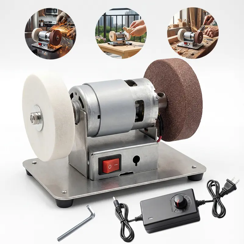 100W Portable Mini Grinder 7-Speed 3000-6000RPM Electric Benchtop Sander with 2 Grinding Wheels for Metal Sharpening DIY Hand Tools Kitchen Knives (6.3*3.9*3.9in)