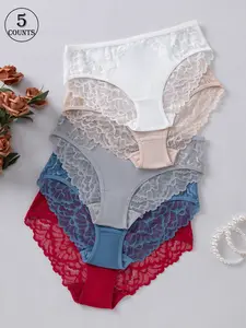 5 pack women Everyday floral lace panties Underwear mid rise cut hollow design cool breathable soft fitted no tight