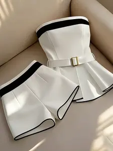 Women's Colorblock Elegant Top Shorts Set, Spring Perfect for Daily Office Commute, Evening Date, Stylish and Comfortable