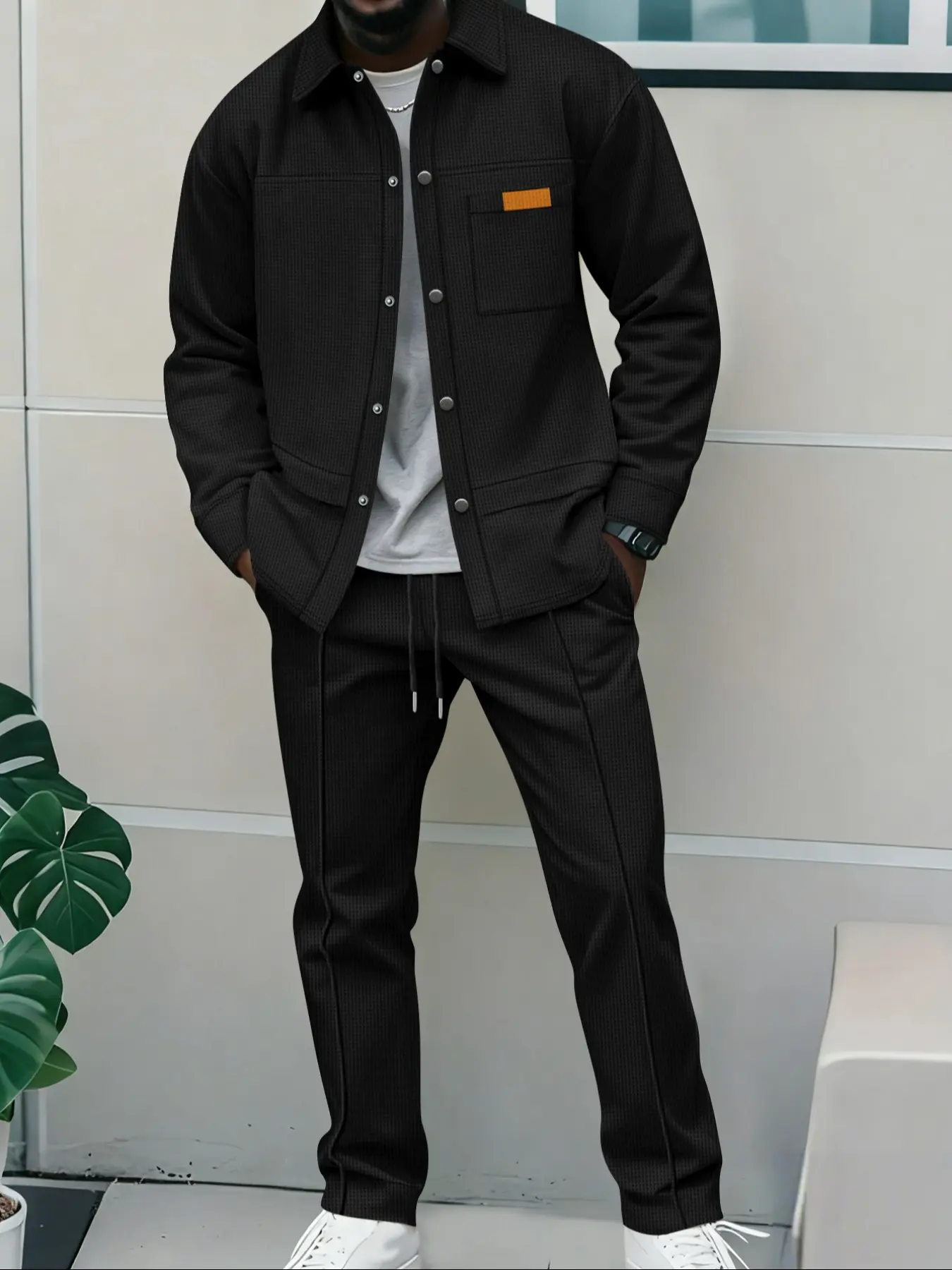 Men's Workwear Two-Piece Set, Dark Textured Lapel Button Jacket with Pocket + Long Pants, Decoration, Casual European Style Elegant Comfort Fashion