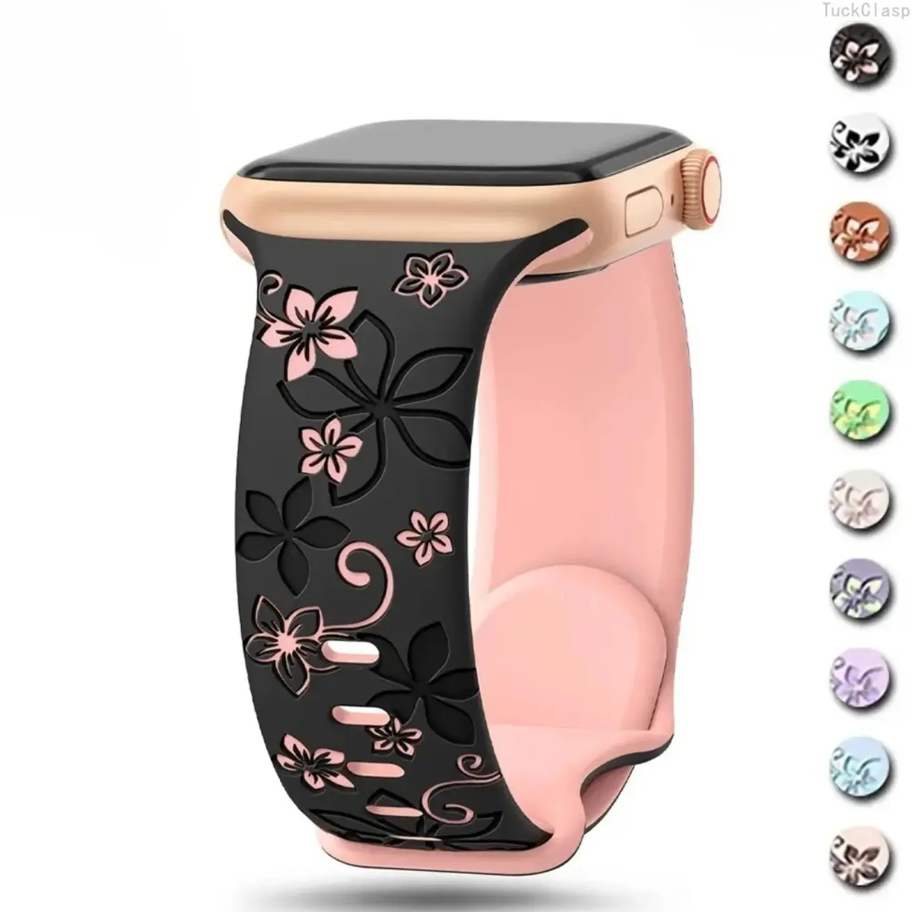 Floral Engraved Silicone Apple Watch Band, Sport Strap for Series & Ultra (38–49mm), Comfortable Lightweight Replacement for Everyday & Spring Activities