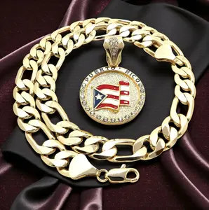 MaxBling81 Puerto Rico Flag Medal Charm Pendant Necklace, 14K Stamped Thick Figaro Chain (12mm, 20in, 24in, 30in) Unisex Jewelry for Men Women