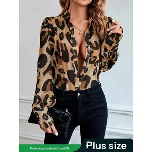 Leopard print chiffon long sleeved shirt with fluffy sleeves, fashionable and formal, perfect for both casual and formal occasionsRAIMENTRY
