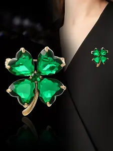 New Trendy Synthetic Zircon Four-Leaf Clover Brooch, High-Quality Suit Jacket Pin, Stylish Accessory for Men and Women, Fashion Accessory
