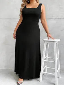 Plus Size Square Neck Sleeveless Vest Dress, Slim Fit, Drapey Smooth Lightweight Fabric, Versatile and Slimming, Casual Daily Wear