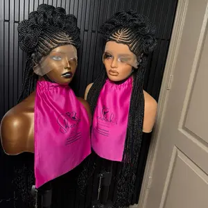 Full Lace Koroba Royal #1 36" African Handmade Fiber synthetic , Full Lace  Cornrow  braid wig for black women - lightweight  braided wig for black women. color #1 35’’  With Human Hair Baby Hair | Lightweight, Durable &