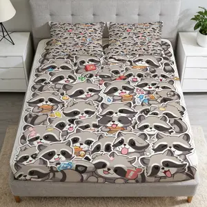 2/3 PCS Cute Raccoon Collection Fitted Sheet Set,breathable 100% Polyester,high-definition Digital Printing,suitable For All Year Round Perfect Gift,suitable For Family,machine Washable(1 Fitted Sheet Set +1/2 Pillowcase,no Filling)