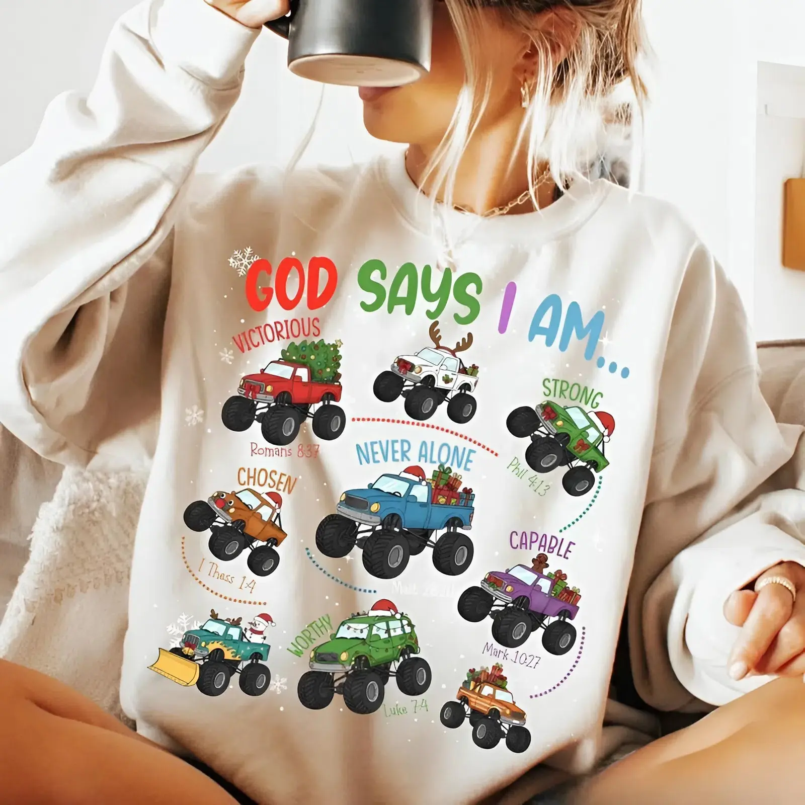 God Says I Am Christmas Monster Truck Youth and Adult Swestshirt or T-Shirt, Christian Boys Holiday Tee, Cute Religious Youth Christmas Shirt, Merry Christmas Shirt, Jesus shirt, Trending tee, youth clothing, gift for son and daughter, holiday outfit