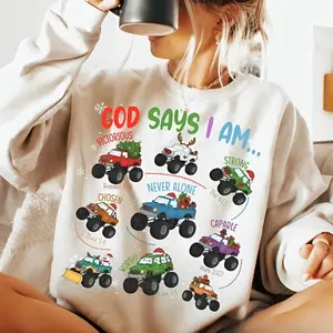 God Says I Am Christmas Monster Truck Youth and Adult Swestshirt or T-Shirt, Christian Boys Holiday Tee, Cute Religious Youth Christmas Shirt, Merry Christmas Shirt, Jesus shirt, Trending tee, youth clothing, gift for son and daughter, holiday outfit