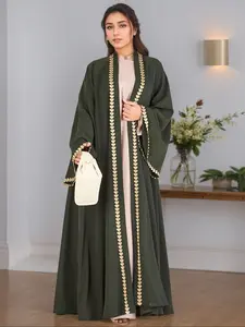 Muslim Women Fashion Embroidered Long Sleeve Dress, Elegant Open Front Cardigan with Pockets, Shoulder Insert Design, Modest Clothing, Muslim Women Gowns