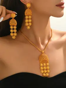 Three-Piece Hollow Geometric Fringe Earrings Necklace Set, Dubai Ethnic Vintage Middle East Jewelry, Banquet Wedding Statement Accessories, Elegant Jewelry Set, Glamour Set