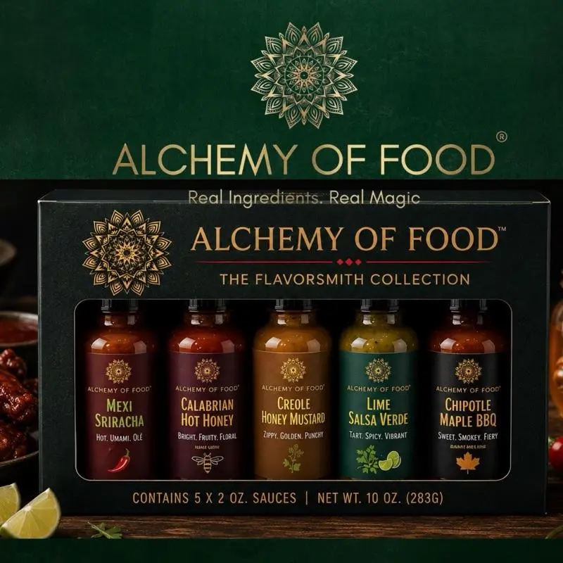 The Flavorsmith 5-Sauces Global Mixed Variety Pack - Gourmet Marinade & Dressing Gift Set, Gluten-Free, Cholesterol-Free, Real Ingredients, Create Your Own Flavor Magic (BBQ, Hot Honey, Honey Mustard, Salsa Verde, Spicy Sriracha, Maple-Infused)