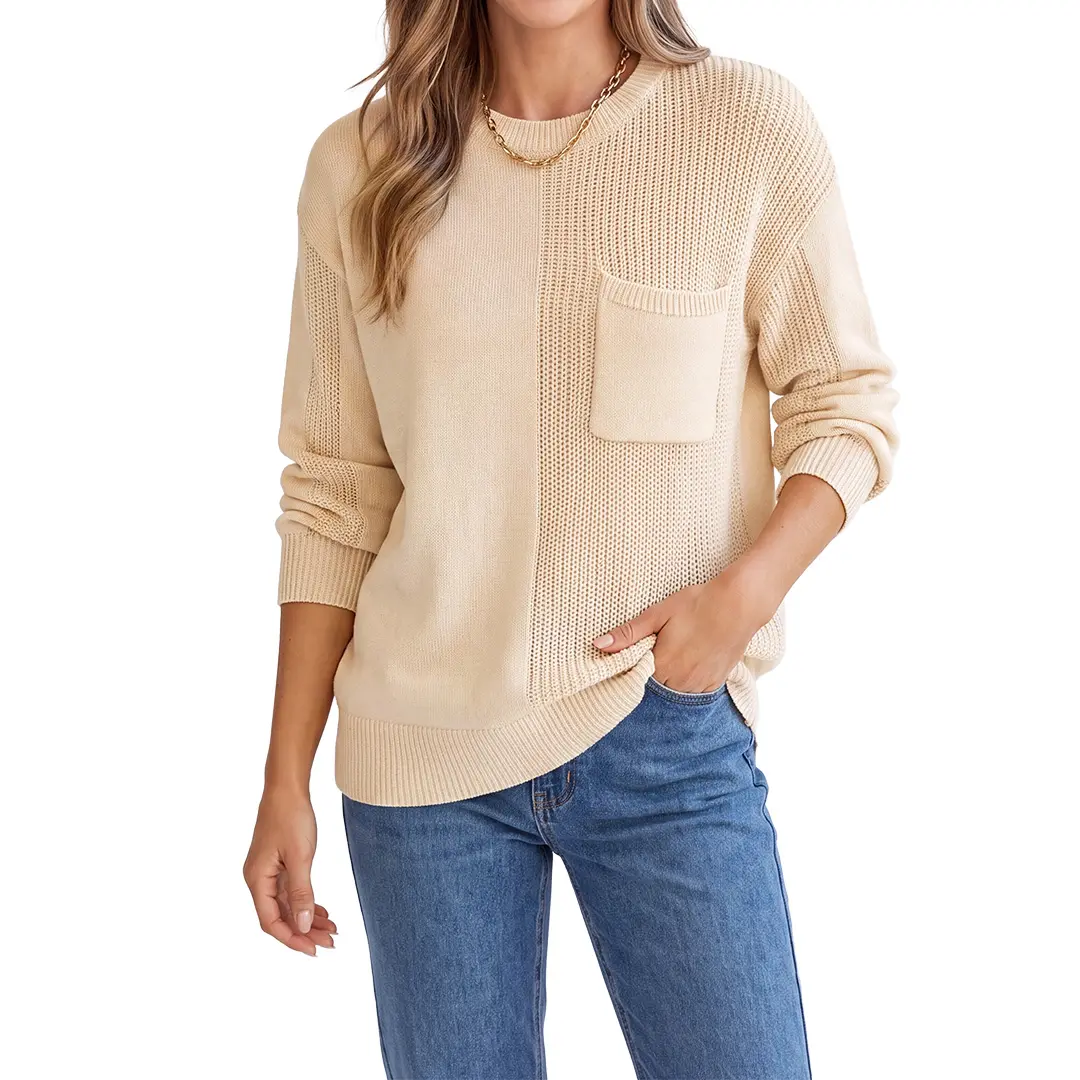 Shewin Women's Casual Knitted Pullover Sweater, Minimalist Long Sleeve Crewneck with Drop Shoulder and Patch Pocket