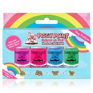 Piggy Paint Stay Positive Rainbow Nail Polish Set - 4 Mini Polishes for Kids - Odorless, Water-based, Non-toxic - Fairy Berry, Neon Lights, RAIN-bow, Shine - Vegan & Cruelty-free