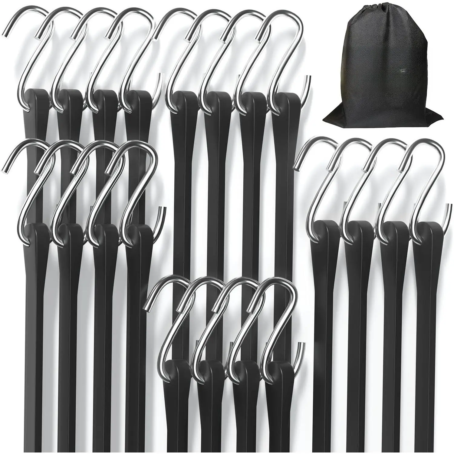 20Pack (10'', 15", 21", 31") Rubber Bungee Cords with S Hooks - Heavy Duty Black Bungee Straps, EPDM - Load 180 lbs, Outdoor Tie Downs, Securing Tarps & Canvases & Cargo in Cold Hot Climates