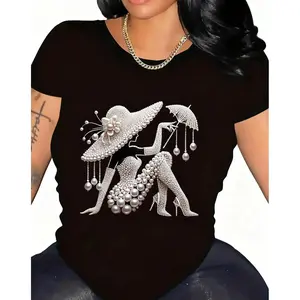 Elegant Women's Pearl Floral Printed Cotton TShirt Featuring Shiny Details for Casual Wear in All Seasons