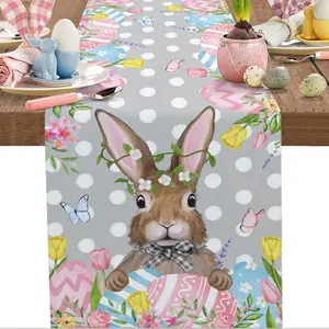 1pc,Easter Bunny Table Runner Small, Kitchen Dining Room Decor, Round Square Wedding Coffee Party Home Vintage Dot Easter Egg Plant Floral