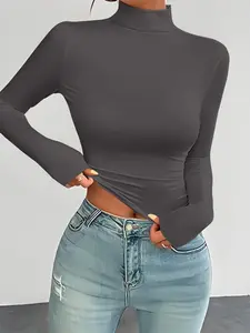 Women's High Neck Long Sleeve T-Shirt, Stylish Casual Pullover, Comfortable Lightweight Top for All Seasons, Fitted Stretchy Design