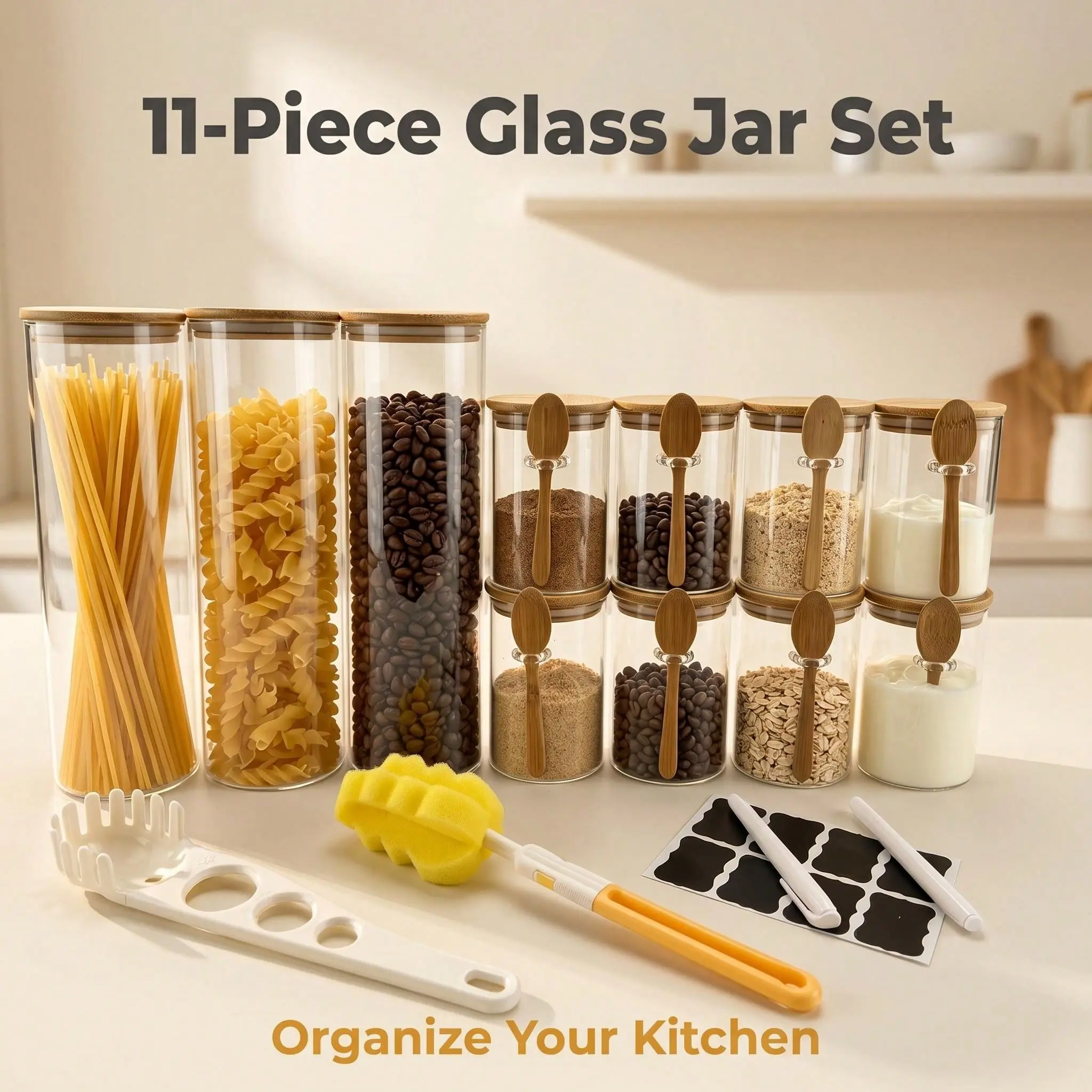 11 Pack Airtight Glass Food Storage Jars with Bamboo Lids & Wooden Spoons, Clear Kitchen Pantry Canister Set, Perfect for Spaghetti, Pasta, Coffee, Sugar, Spice, Oats & Dry Food