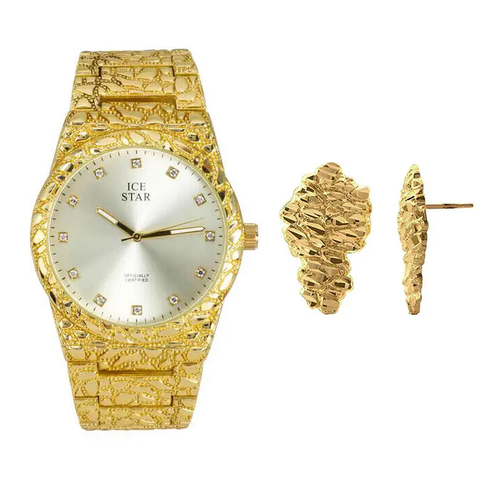 MaxBling81 Iced-Out Watch and Earrings Set for Women & Men, Gold-Plated Stainless Steel with Nugget Pattern, Waterproof Analog Quartz Watch, Watches For Women