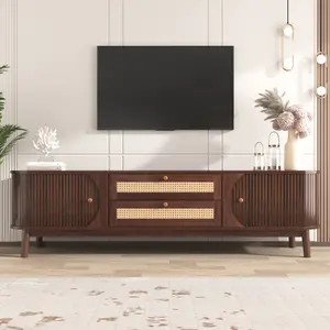 Natural Woven Rattan TV Stand, Fits 55 60 65 70 75 Inch TVs, Modern Farmhouse Media Console Entertainment Center with Sturdy Solid Wood Legs, Rustic Boho TV Cabinet for Living Room, Home Theatre, Farmhouse Home Decor