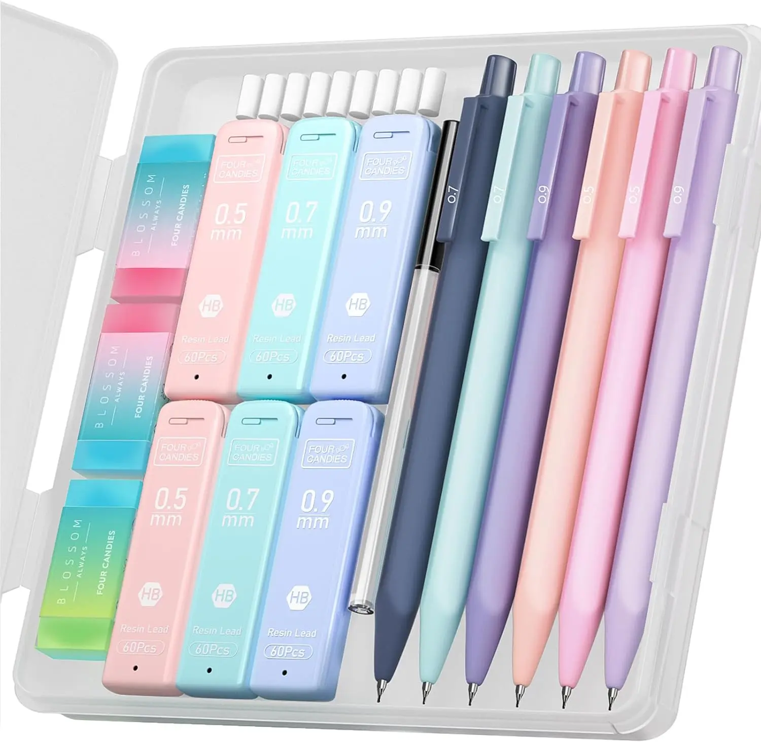 Cute Mechanical Pencil Set, 6PCS Pastel Mechanical Pencils 0.5 mm & 0.7mm & 0.9mm with 360PCS Leads, 3PCS Erasers and 9PCS Eraser Refills, Aesthetic Pencils for Girls Writing, Art Drawing