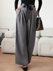 New High Waist Design Belted Elegant Wide Leg Pants Comfortable Women's Long Trousers Ll168, Stylish and Comfy Fashion, Casual Chic Bottoms