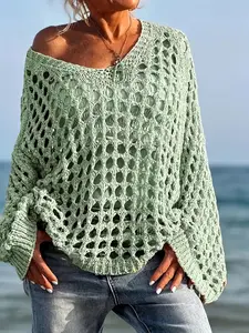 Women's Solid Color Casual Loose V-Neck Hollow Out Long Sleeve Knit Top, All Season Lightweight Knitted Pullover for Daily Wear