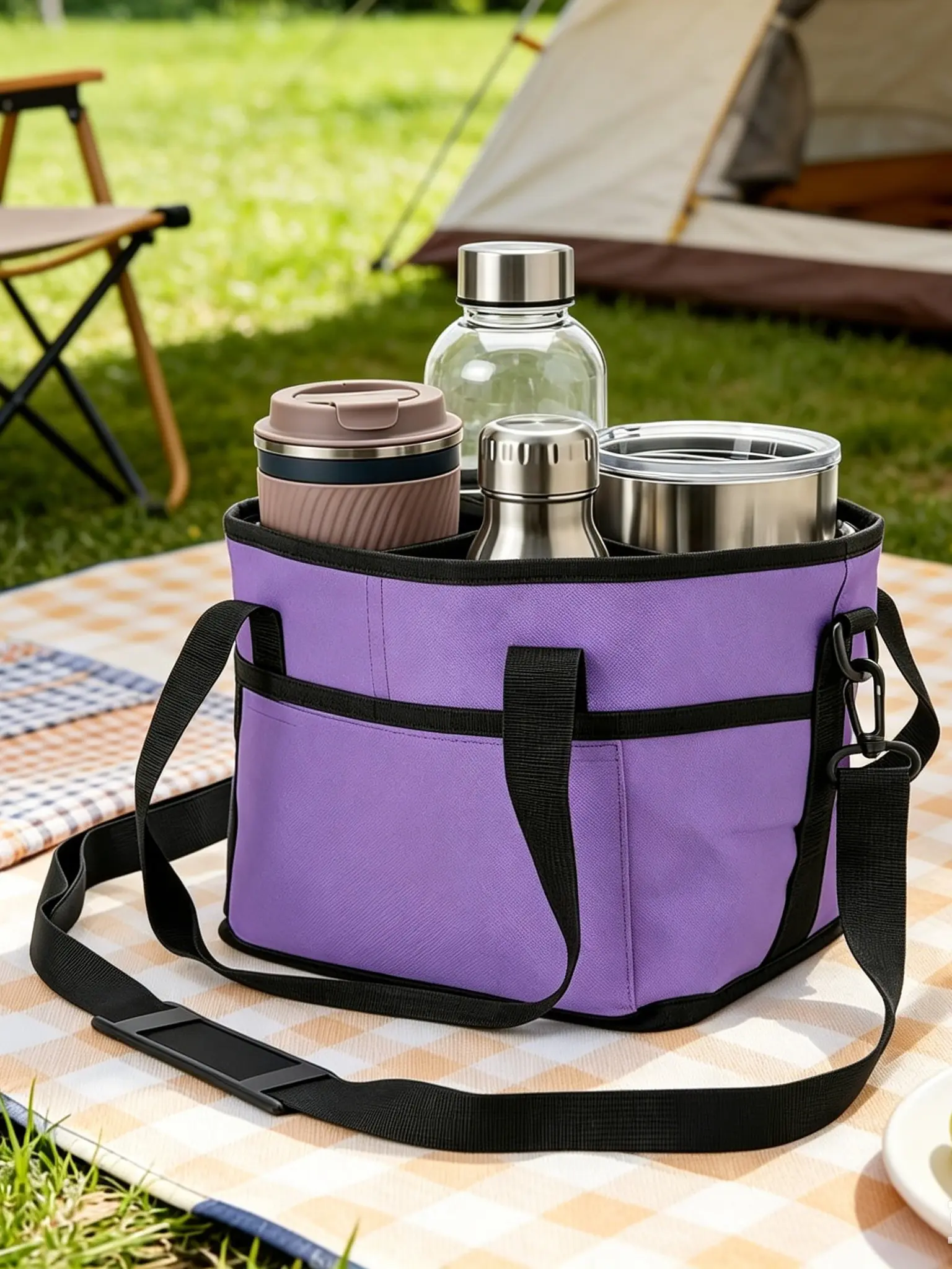 Family-Sized Four-Compartment Beverage Bag, Multi-Purpose Storage Bag for Cups and Coffee Mugs, Portable Insulated Beverage Tote Bag, Suitable for Travel, Reusable Multi-cup Carrier, Black and Purple