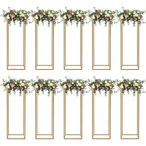 Gdrasuya10 23inch/60cm 10Pcs Gold Flower Stand for Centerpieces,Gold Vase Metal Column Stand,Wedding Flower Stand Tall, Rectangular Frame Flower Stand Geometric Stand for Wedding Party Decoration