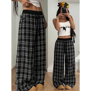 Women's Plaid Patchwork Comfortable Loose-Fit Straight Leg Pants, Casual Style All-Season Wear, Moderate Fabric Thickness Aesthetic Bottoms