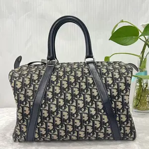 Pre-owned Christian Dior Trotter Boston Bag 30 Navy Monogram Canvas Top Handle Auth