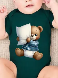 Baby girl newborn cute short sleeved crawling suit "Pillow Bear Baby" cartoon print, suitable for both male and female babies, perfect pregnancy gift, baby triangle jumpsuit