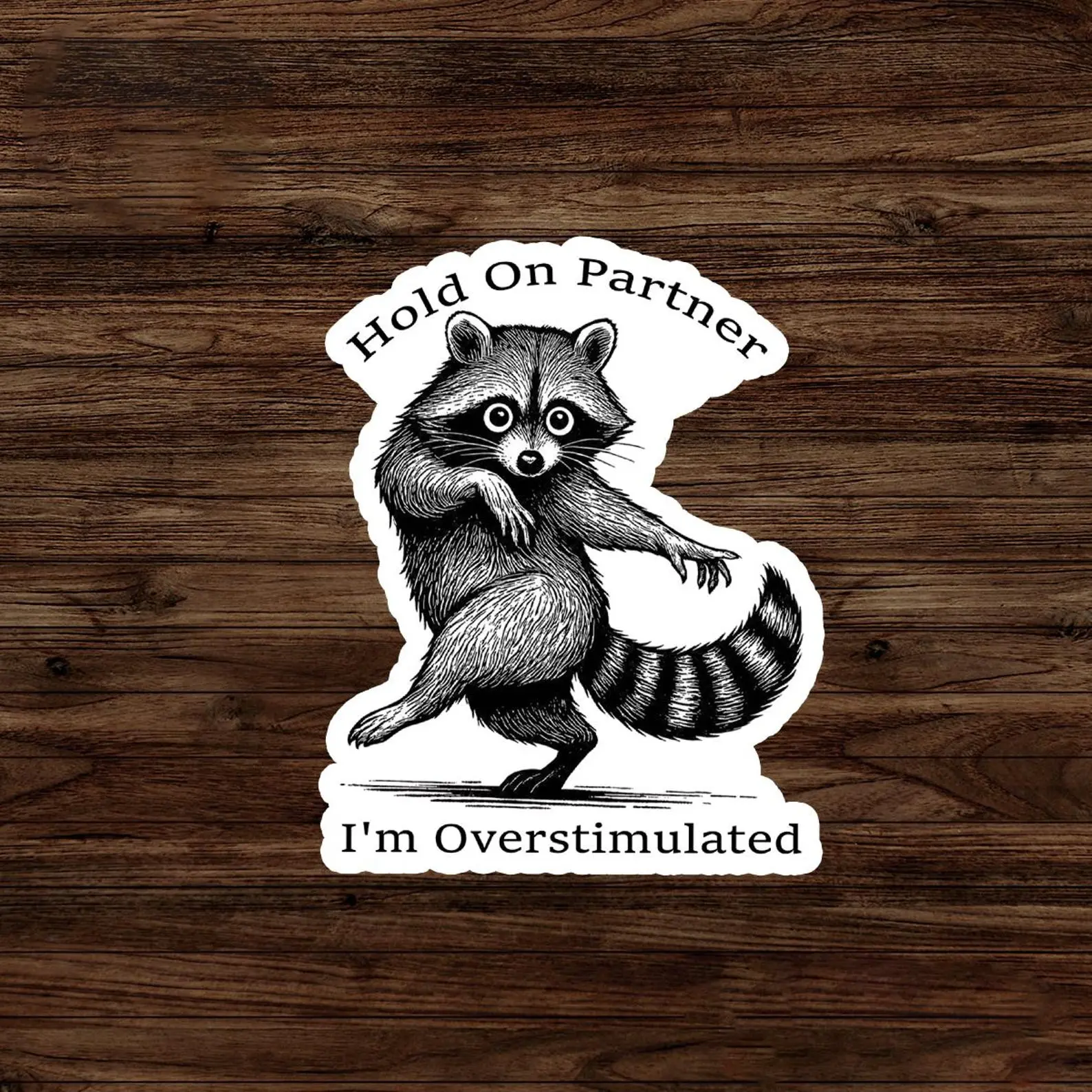 Hold On Partner I'm Overstimulated Raccoon Sticker, Funny Anxiety Meme Vinyl Decal