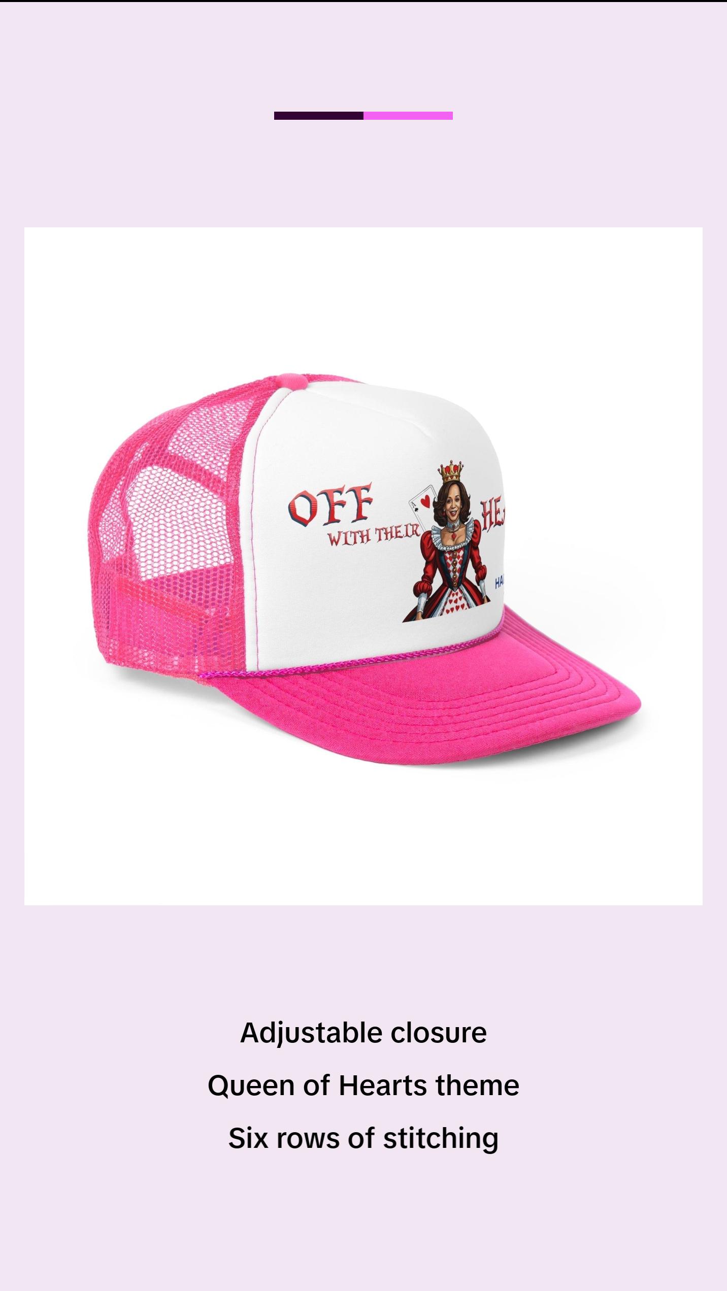 Kamala Harris "Off With Their Heads!" Queen of Hearts Trucker Hat - Playful Political Statement Cap