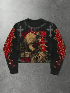Unisex Short Sleeve Pullover Sweatshirt, Cross Print, Gothic Style, Visual Clothing, Fall & Winter Casual Wear