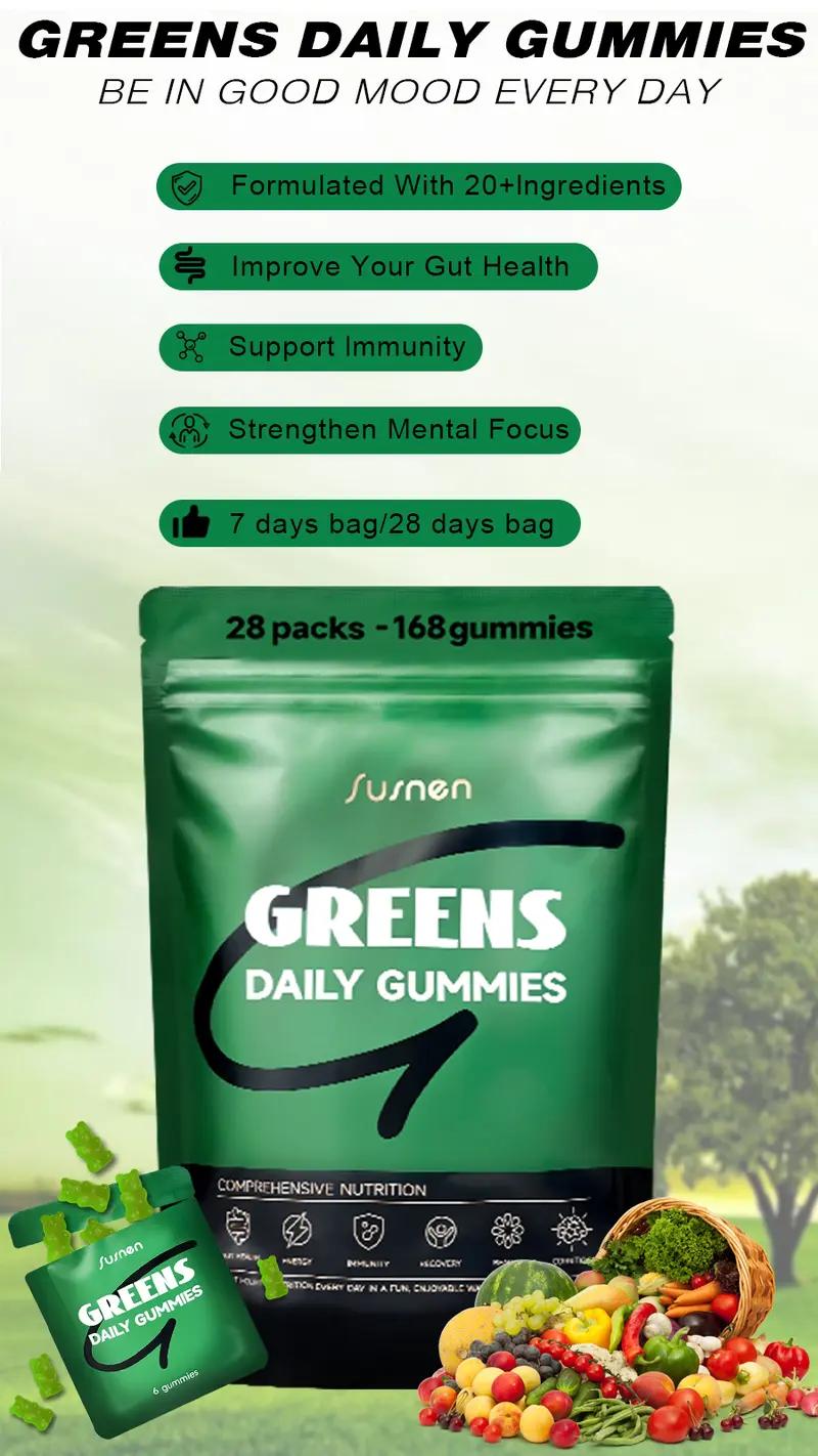 Susnen Greens Daily Gummies Multivitamin DailyWellness Supplement Green Apple 20+ in 1 Multivitamin with 20+ Nutrient-Dense Ingredients for Stress & Bone Support Healthcare Fitness-1