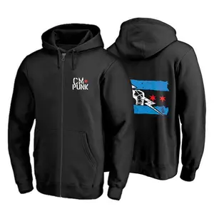 WWE CM Punk Chicago Flag Logo Zip Hoodie Men Women Streetwear Casual Fall Winter Spring Sports Fan Unisex Comfortable Loose Fit Black Sweatshirt Jacket Gift