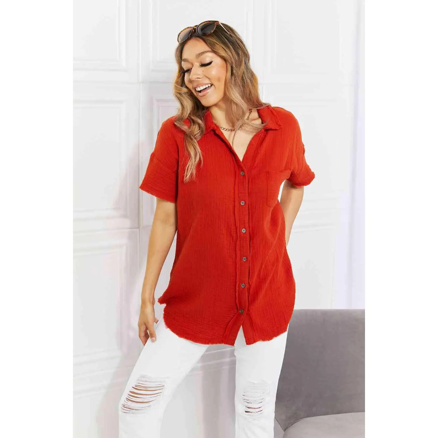 Zenana Full Size Summer Breeze Gauze Short Sleeve Shirt in Copper