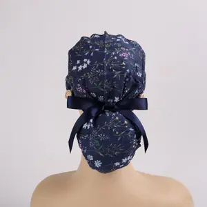 Navy Blue Flowers Ponytail Scrub Caps for Long Hair, Cotton Surgical Hat with Forehead Sweatband and Buttons