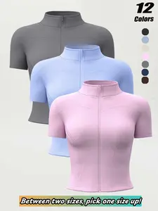 Women's Summer Short Sleeve Zipper Jacket, High Stretch Quick Dry Gym Shirt, Training Shirt, Yoga Running Sports Top with Collar, Activewear, Lightweight Sports Jacket
