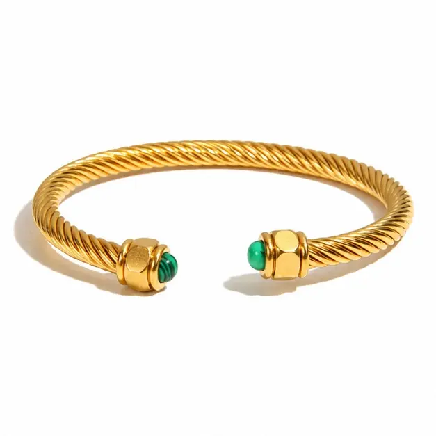 Gold Color Cable Cuff Bracelet, Green Malachite Stone Ends, Bold Gold Cuff Bracelets & Bangles, Malachite Bracelets & Bangles