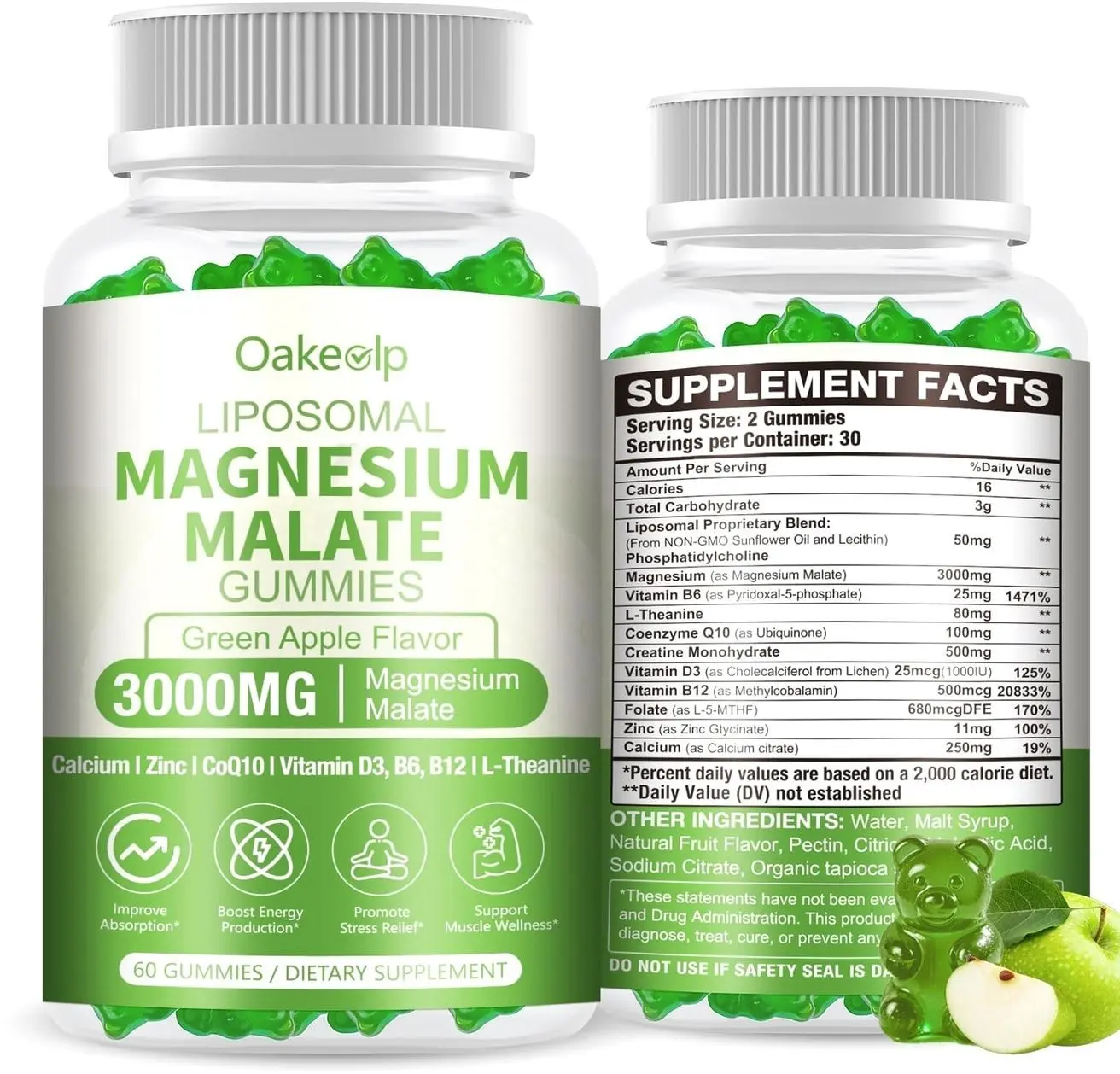 Liposomal 3000mg Magnesium Malate Gummies Supplement,Complex Creatine Monohydrate,Folate, Active B12 & D3, L-Theanine & CoQ10, for Stress Relief,Methylation, Energy, Muscle & Calm